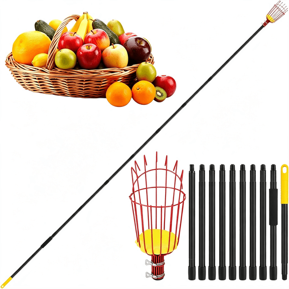 KASIU 18Ft Reach Fruit Picker with Basket, Apple Picking Tool Telescoping Pole, Long-Handle Mango Grabber, Tree Fruit Catcher for Harvesting Lemon Pear Orange Avocado Peach Citrus Grapefruit