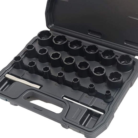 KASIU 22Pcs Bolt Nut Extractor Set Impact Lug Nut Removal Extractor Tool|1/2" and 3/8" Drive Wheel Lock Removal Kit for Extracting Damaged,Stripped Frozen Nuts&Screws Twist Socket Set