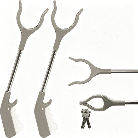 KASIU 2Pcs Short Grabber Reacher Tool for Seniors,16" Small Mini Extra Strong Tongs for Handicap Elderly Childrens Adult,Trash Litter Reaching Picker Stick,Heavy Duty Extension Helping Hands,Grey
