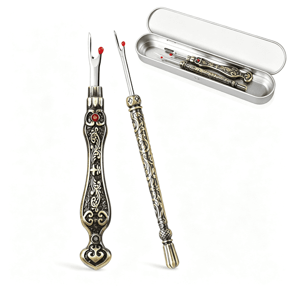 KASIU 2Pcs Vintage Seam Rippers,Metal Stitch Remover Set,European Carved Handle Stitch Ripper,Sharp Durable Handy Crafting Removing Threads Tools for Needlework,Leatherwork(Antique Brass Ab)