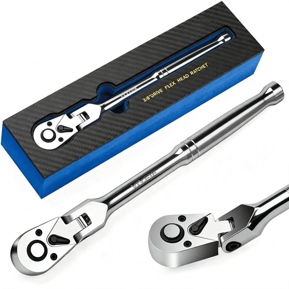 KASIU 3/8" Drive Flex Head Ratchet, 72 Tooth Swivel Head Ratchet, Quick-Release, Cr-V Steel, Flexible Ratchet Wrench with Foam | 10 Inch Long, Comfortable 3/8 Ratchet