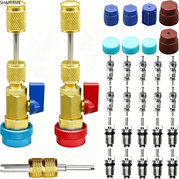 KASIU 31Pcs R134A Valve Core Quick Remover Installer Tool Set,High Low Pressure Ac Valve Core Removal Tool with R134A Valve Core Ac Service Port Cap Valve Stem Kit for Refrigerant Air Conditioner