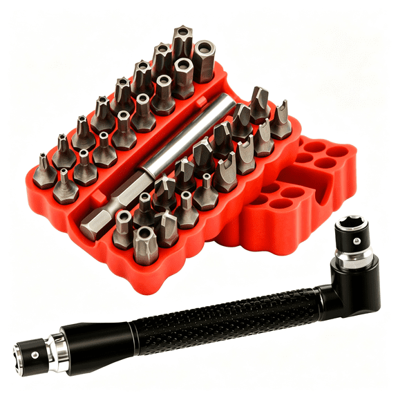 KASIU 34Pcs Security Bit Set 1/4" Hex Shank Screwdriver Bit Set,Tamper Proof Bits-Torx+Hex+Tri Wing+Star+Spanner for Torx Security Screwdriver Set,High Hardness Impact Driver Bit Set(Red+Wrench)