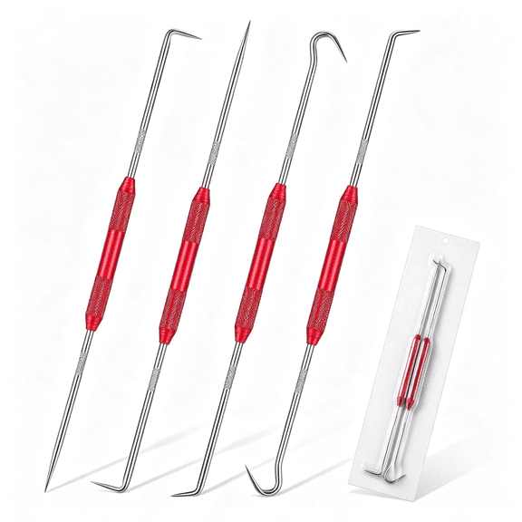 KASIU 4 Pcs Hook and Pick Set Double Pointed Scribe Car Auto Oil Metal Pick O Ring Seal Puller Hooked Scriber Marking Tools for Carpenter Machinists Technicians, 9.06 Inches