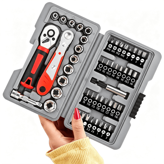 KASIU 48Pcs 1/4" Mini Ratchet Socket Wrench and Screwdriver Set & Bits | 72-Tooth Ratchet Wrench , Right Angle Ratchet Screwdriver & Extension for Auto, Motorcycle, Bike Repair & Tight Space Diy