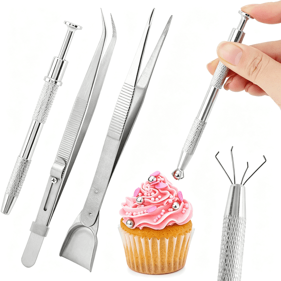 KASIU 4Pcs Sprinkles Tools for Cake Decorating,4 Claw Sprinkle Pen Pearl Grabber Cakes Tweezers Pearl Sprinkle Spoon with Shovel Head Spoon for Cakes Ice Cream Baking