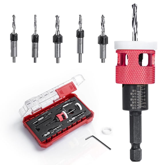 KASIU 5 Pcs Countersink Drill Bit Set with Low Friction Depth Stop, Hss M2 Bits Tapered Head 5/32" Drill+3/8 82 Counter-Bore,11/64" 3/16" Drill+ 1/2" 82 Counter Bore,1/4 Hex Shank(Red)