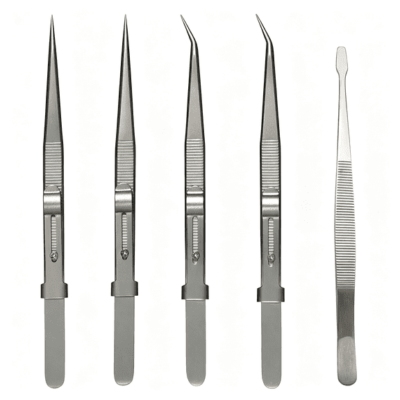 KASIU 5Pcs Tweezers Set, Flat/Pointed/Curved Angled Locking Long Tweezers for Crafts, Medical Surgical, Lab, Soldering, Jewelry Crafting, Watch & Electronics/Car Repair,Splinter Removal