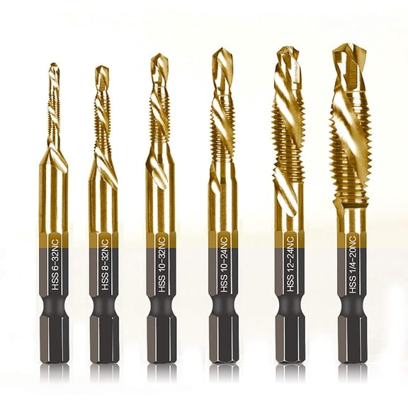 KASIU 6 Packs Titanium Combination Drill & Taps Bit Set Sae 6-32Nc 8-32Nc 10-32Nc 10-24Nc 12-24Nc 1/4-20Nc,Wear Resistant Drill and Tap Set