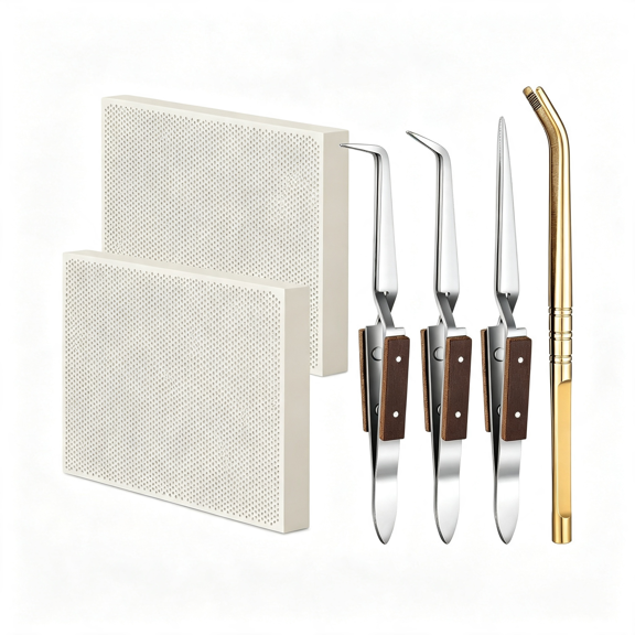 KASIU 6Pcs Jewelry Soldering Kit Include 2 Honeycomb Ceramic Block 1 Copper Tongs 3 Tweezers,Soldering Boards Plate Jewelers Making Melting Casting Tools Supplies