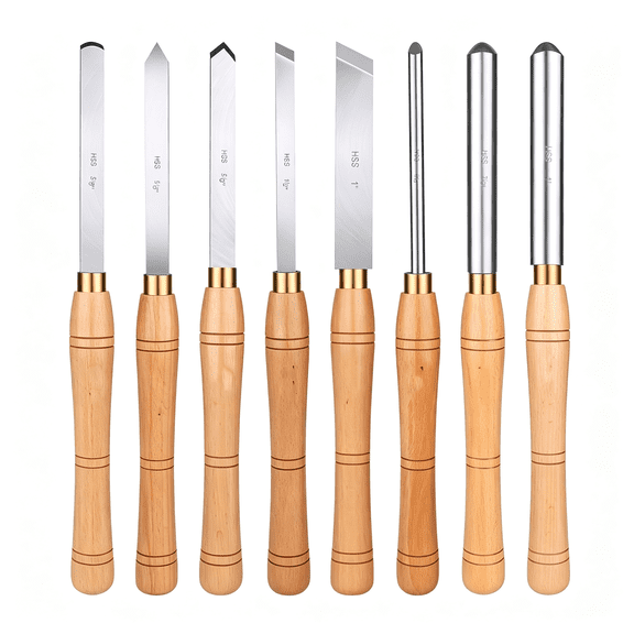 KASIU 8Pc Lathe Chisel Set, M2 Hss Wood Turning Tools for Beginners | Woodworking Lathe Tool Kit for Beginners, 10" Solid Hardwood Handles, Bowl Gouge & Skew Chisel Set, Gift for Dad Husband