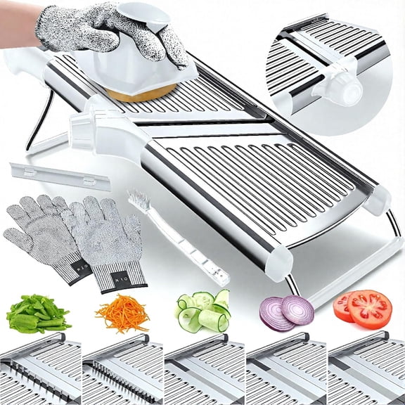 KASIU Adjustable Mandoline Food Slicer,Mandoline Slicer for Kitchen,Mandolin,Potato,Tomato,Carrot,Vegetable,Fruit and Onion Cutter-Stainless Steel-Including 1 Pair Cut-Resistant Gloves