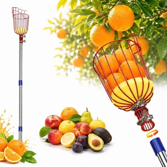 KASIU Fruit Picker Pole Tool with Anti-Drop Basket Stable,13Ft Stainless Steel Pole for Apple,Mango&Avocado Picking,No Ladder Needed Fruit Picker for Tall Trees