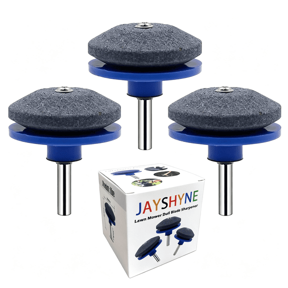 KASIU Lawnmower Dull Blade Sharpener, 3 Pcs Mower Sharpening Stone Wheel Kit, Universal Garden Tool Grindstone and Knife Edge Whetstone for Any Power Hand Drills