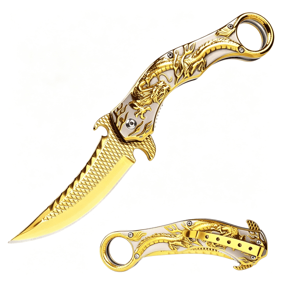 KASIU Pocket Knife for Men, Cool Folding Knife with 3D Golden Dragon Relief, Great Gift Edc Knife for Men Outdoor Survival Camping Hiking Hunting Pocket Knife for Men
