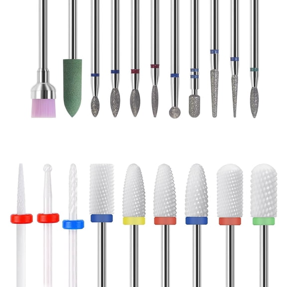 KASIU Professional Ceramic & Diamond Nail Drill Bits Set - 20Pcs 3/32" Safety Bits for Electric Drill, Acrylic Gel Remover & Cuticle Removal Nail Drill Bits Professional