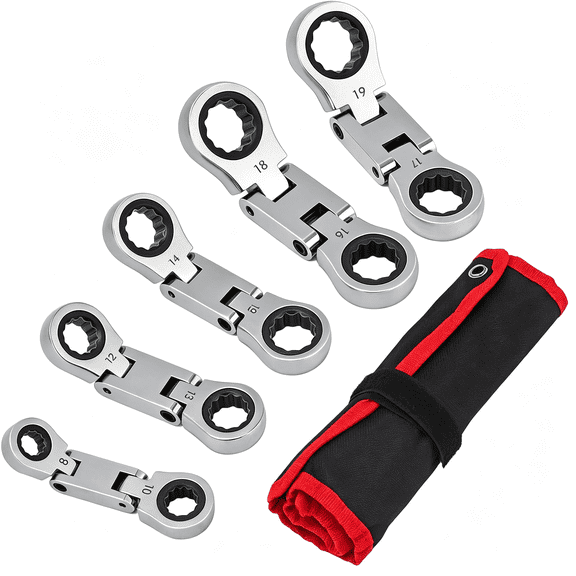 KASIU Stubby Wrenches Set,72-Tooth Flex Head Ratcheting Wrench Set,Compact Double Box End Ratchet Wrench Metric 8-19Mm 5 Pieces for Tight Spaces Thin Wrench Set