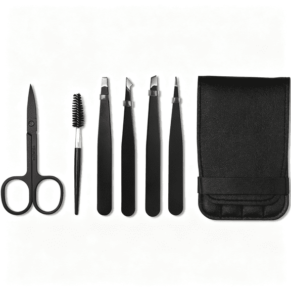 KASIU Tweezers Set 5-Piece - Professional Stainless Steel Tweezers with Curved Scissors, Tweezer for Eyebrows, Splinter & Ingrown Hair Removal with Leather Travel Case (Black)