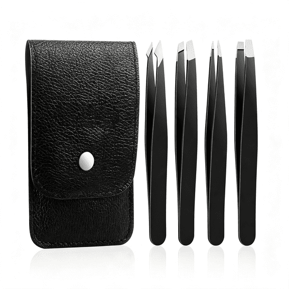 KASIU Tweezers for Women Facial Hair, 4Pcs Professional Beauty Tools Stainless Steel Eyebrow Tweezers for Splinter Blackhead and Ingrown Hair Removal, Black