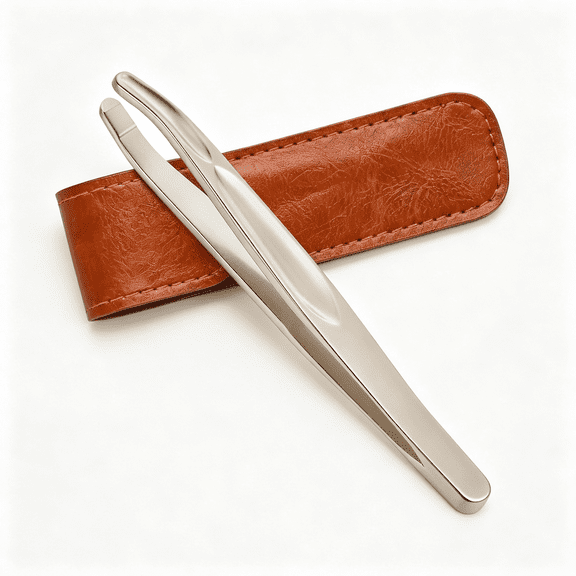 KASIU Tweezers for Man,Professional Round Tips Plucker for Chin,With Brown Leather Travel Case Tweezers for Eyebrows(Light Gold)