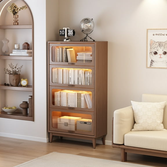 Solid Wood 4-Shelf Bookcase with Flip-Up Doors, Tall Bookshelf Storage Organizer with Tempered Glass, Barrister Bookcases, Display Shelf for Home & Office, Living Room, Bedroom, Walnut