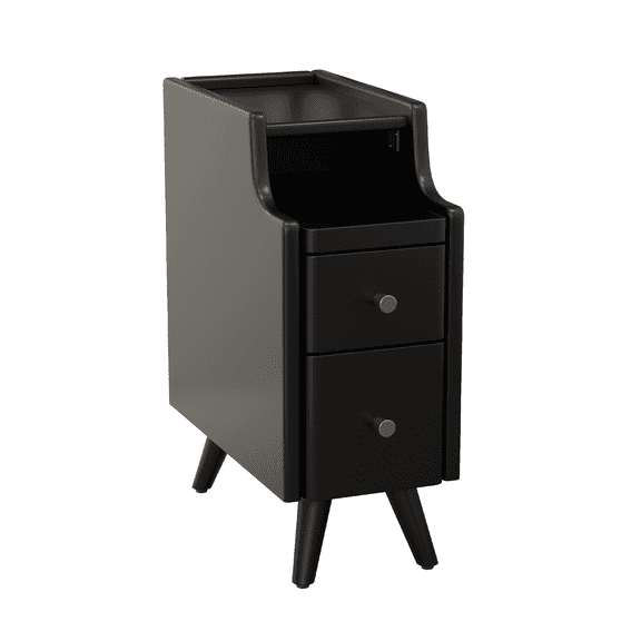 KASLANDI Narrow Nightstand, Solid Wood Nightstand with Drawers, Small Black Bedside Table for Bedroom