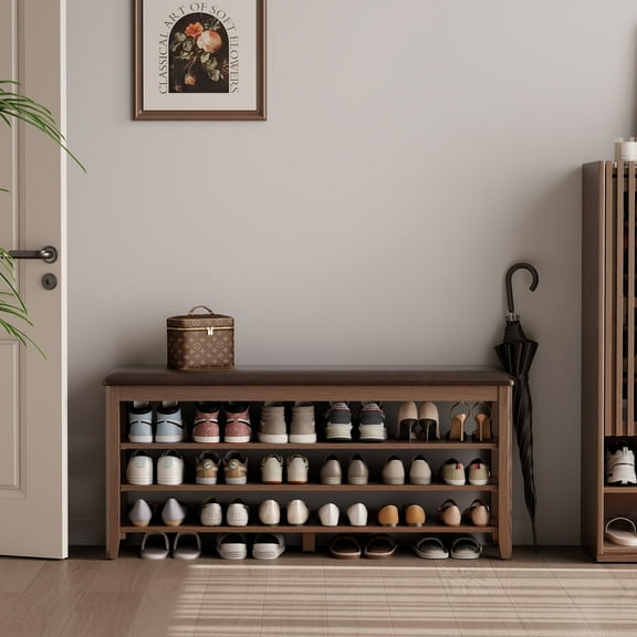 KASLANDI Shoe Bench with Leather Cushion, 3 Tiers Shoe Organizer Storage Height Adjustable, Walnu Shoe Rack for Hallway, Mudroom, Entryway, 47.2"W