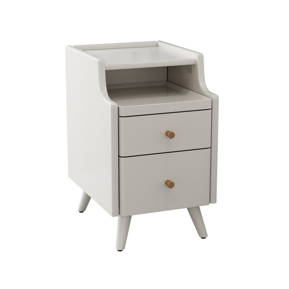 KASLANDI Solid Wood Nightstand, Nightstand with 2 Drawers, White Bedside Table for Bedroom