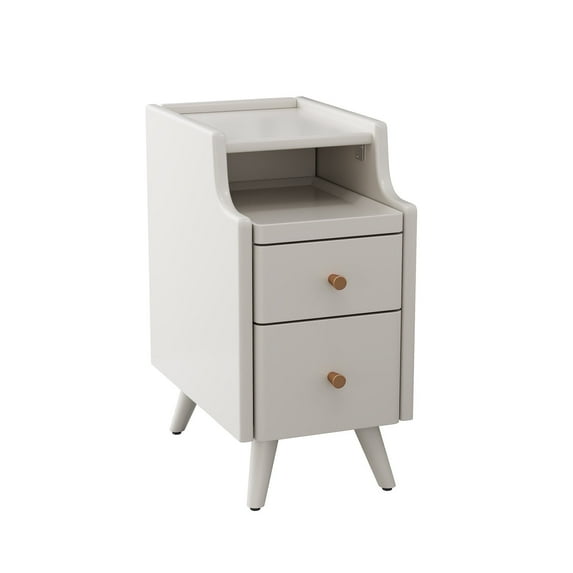 KASLANDI Solid Wood Nightstand, Nightstand with 2 Drawers, White Bedside Table for Bedroom
