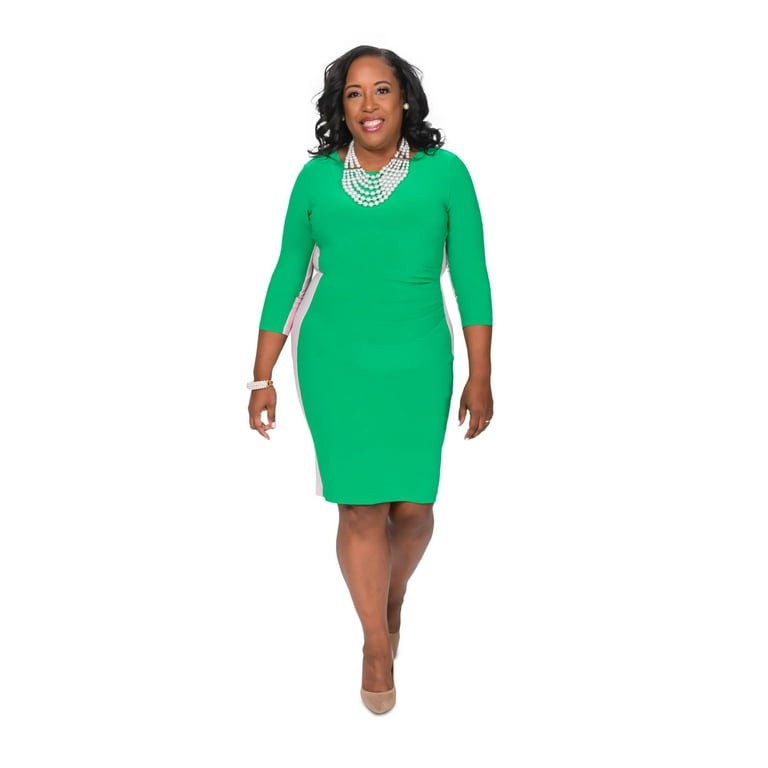 KASPER DRESS Womens Green Pleated Color Block 3/4 Sleeve Round