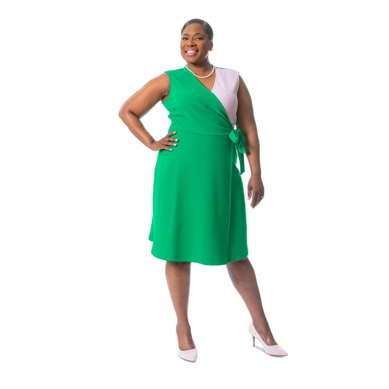 KASPER DRESS Womens Green Textured Tie Pullover Color Block Sleeveless Surplice Neckline Knee Length Wear To Work Faux Wrap Dress XXL Walmart