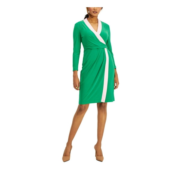 KASPER DRESS Womens Green Zippered Lined Color Block Long Sleeve Surplice Neckline Above The Knee Faux Wrap Dress S
