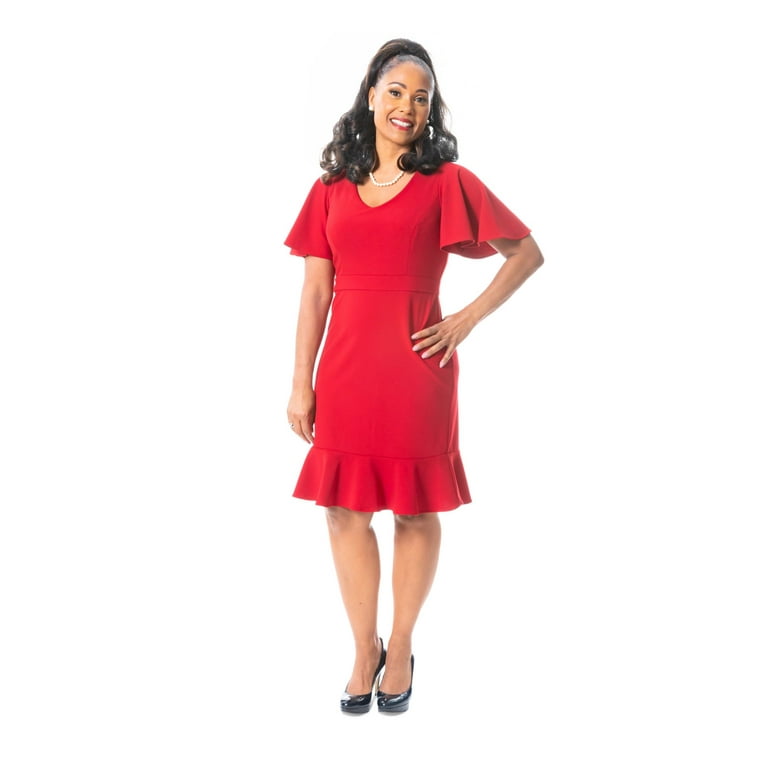 KASPER DRESS Womens Red Zippered Ruffled Unlined Flutter Sleeve V Neck Knee  Length Cocktail Sheath Dress L 