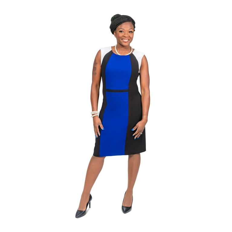 KASPER Womens Blue Zippered Back Slit Lined Color Block Sleeveless Round  Neck Knee Length Wear To Work Sheath Dress 6 
