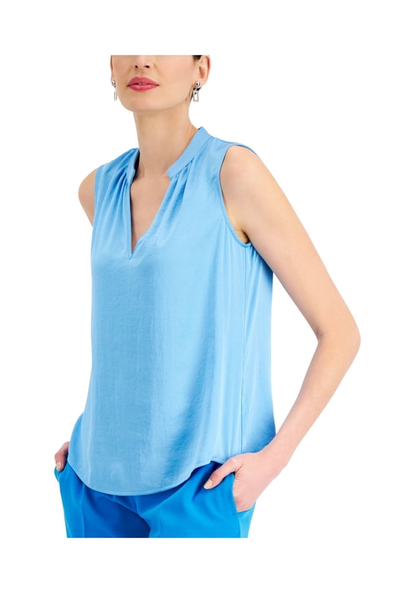 Womens Light Blue Gathered Short Sleeve Split Wear To Work Top L
