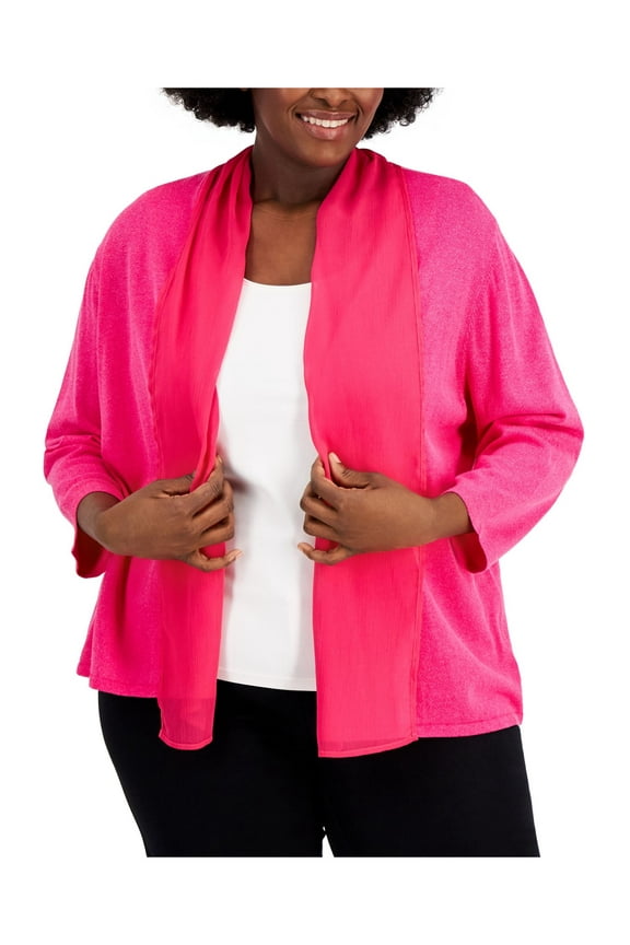 Womens Pink Open Front Textured Sheer Long Sleeve Pocketed Sheer Jacket Plus 1X