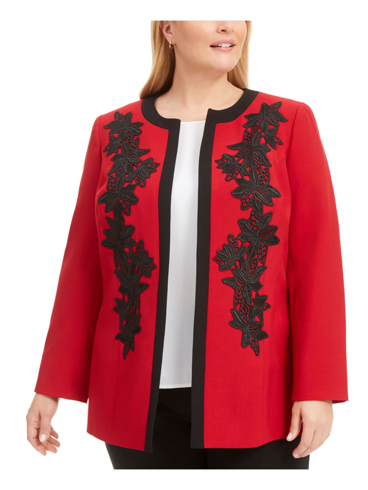 KASPER Womens Red Embroidered Flower Desine On Front Suit Jacket