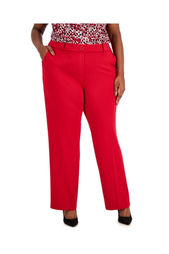 Womens Red Pocketed Pull On Faux Fly Button Detail Wear To Work Wide Leg Pants Plus 3X