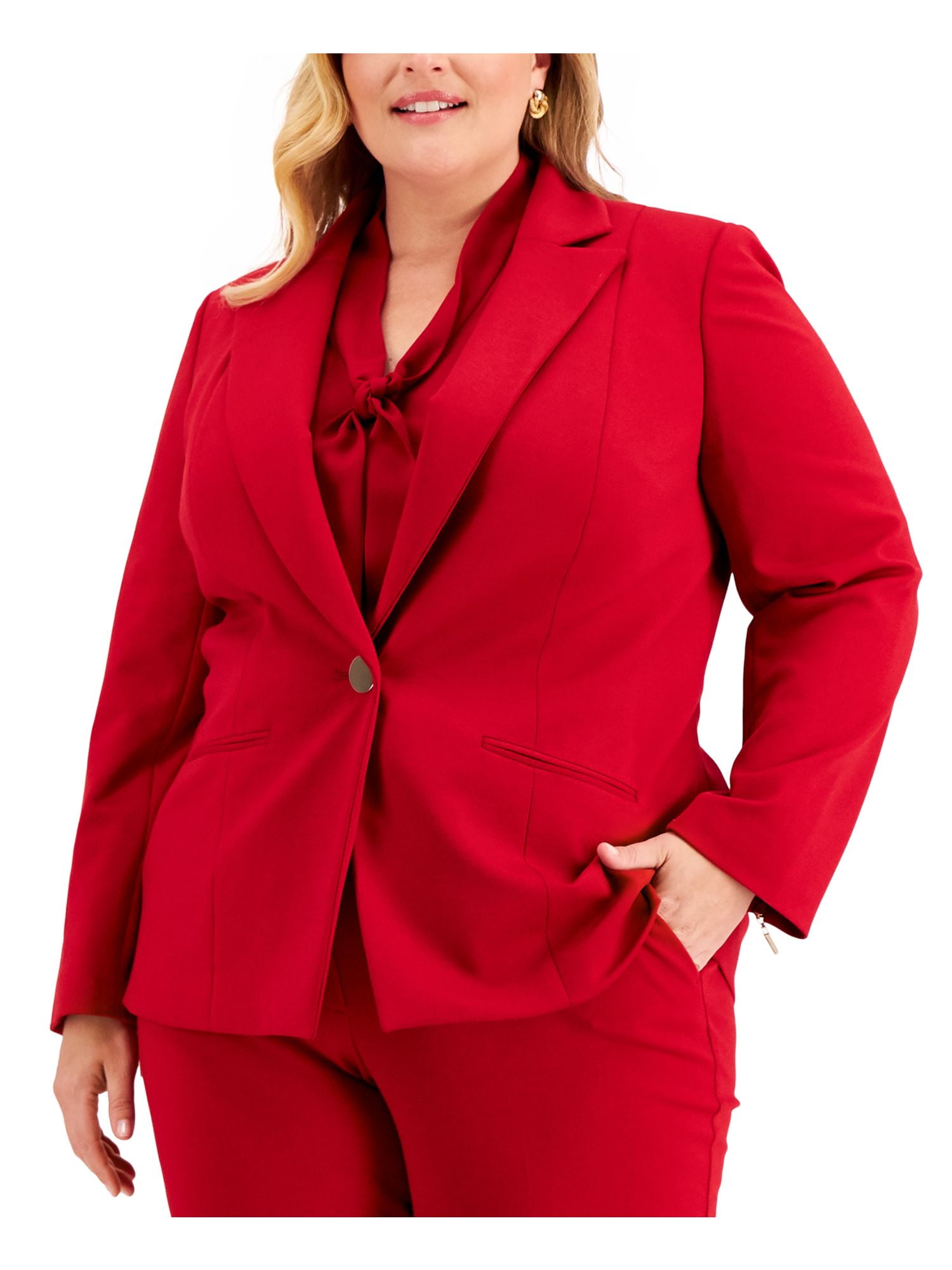 KASPER Womens Red Stretch Long Sleeve Collared Wear To Work Blazer