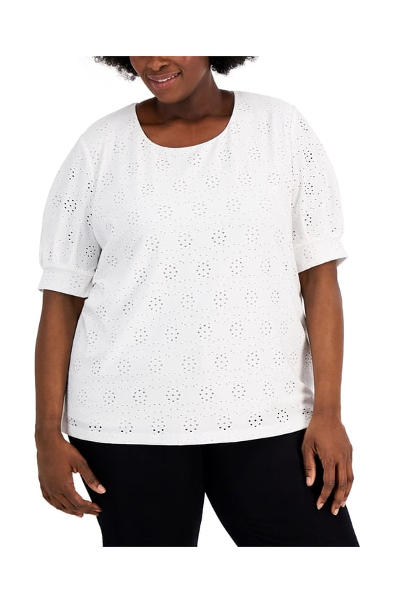 Womens White Eyelet Lined Pouf Sleeve Scoop Neck Top Plus 1X