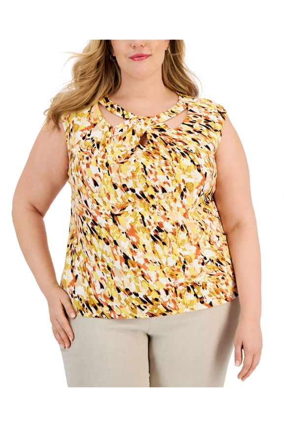 Womens Yellow Cut Out Twisted Neck Lined Printed Sleeveless Wear To Work Top Plus 2X