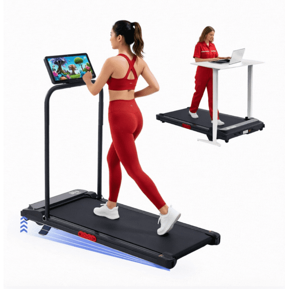 KASSADIN Incline Under Desk Walking Pad Treadmill with Handle Bar, 3.0HP 0.6-7.6MPH Portable Electric Running Machine for Home Office, 350LBS Capacity LED Display