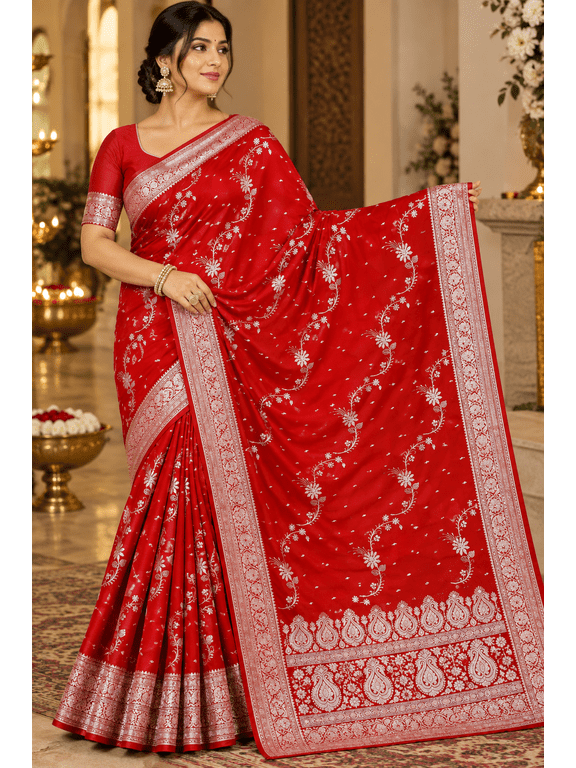 Banarasi Satin Red Garnet Embroidery ADA Saree with Unstitched Blouse