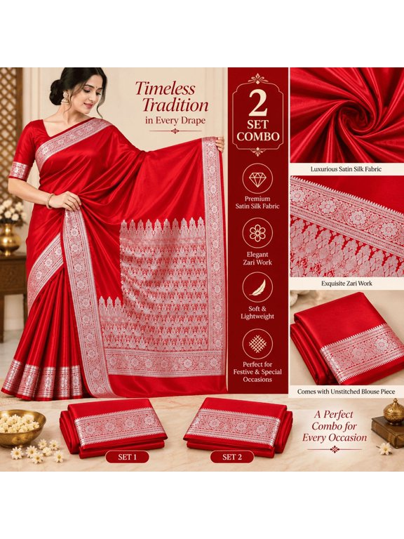 Banarasi Satin Silk Silver Zari Saree Combo Set with Unstitched Blouse