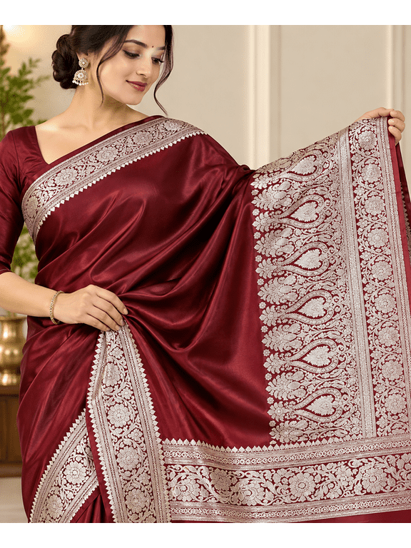Banarasi Satin Silk Silver Zari Saree with Unstitched Blouse