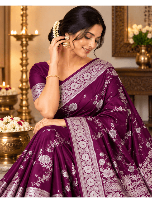 Banarasi Satin Silk Wine Embroidery ADA Saree with Unstitched Blouse
