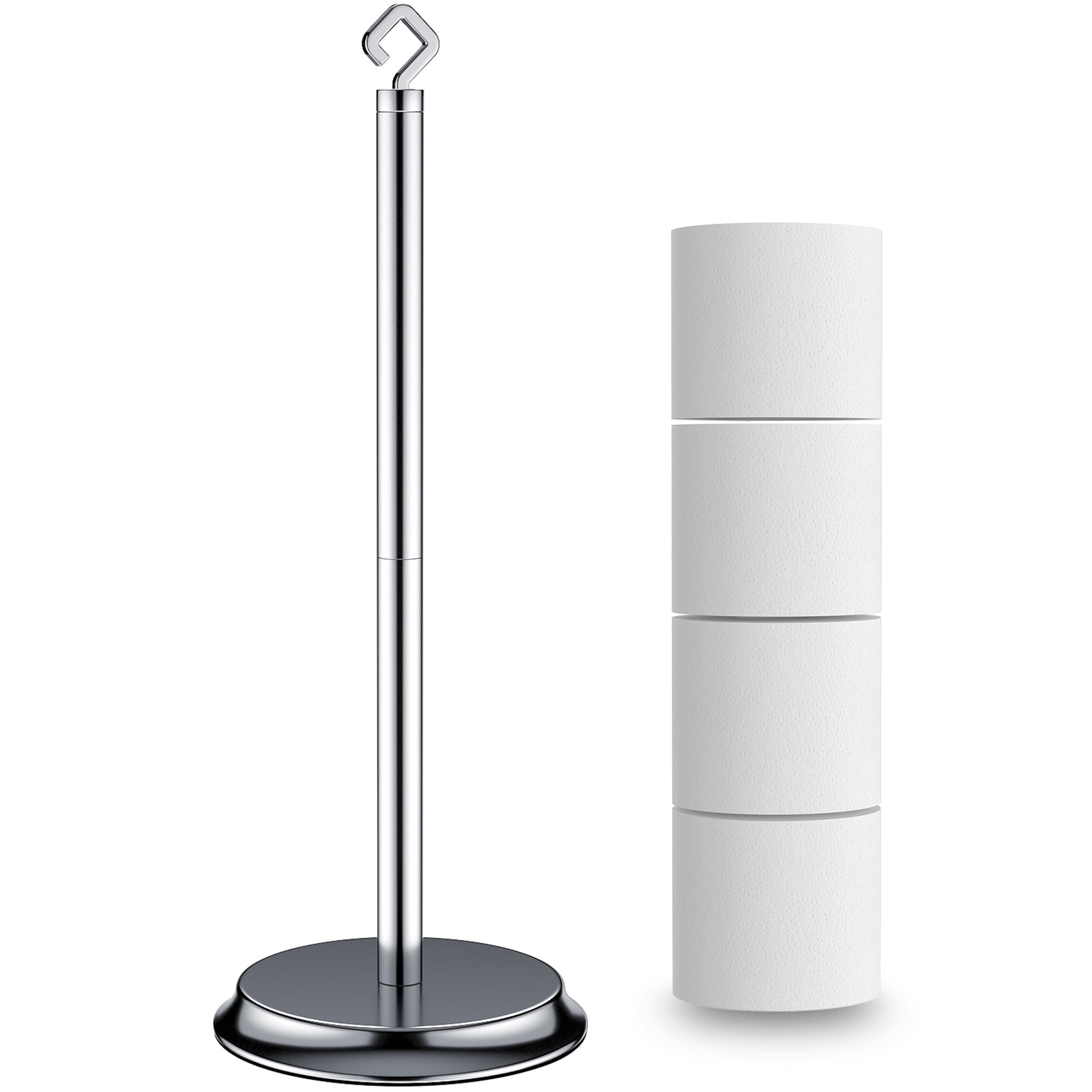KASUNTO Freestanding Metal Toilet Paper Holder with Anti-Rust Treatment and Hook (Poilshed Chrome)