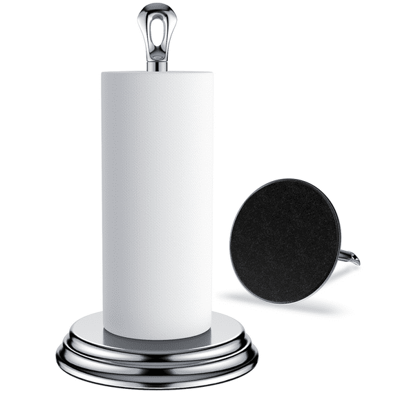 KASUNTO Paper Towel Holder with Heavy Metal Base, Standing Rustproof Paper Towel Holder Stand Countertop for Kitchen Bathroom, Compatible with Standard and Jumbo Size Paper Towels (Polished Chrome)