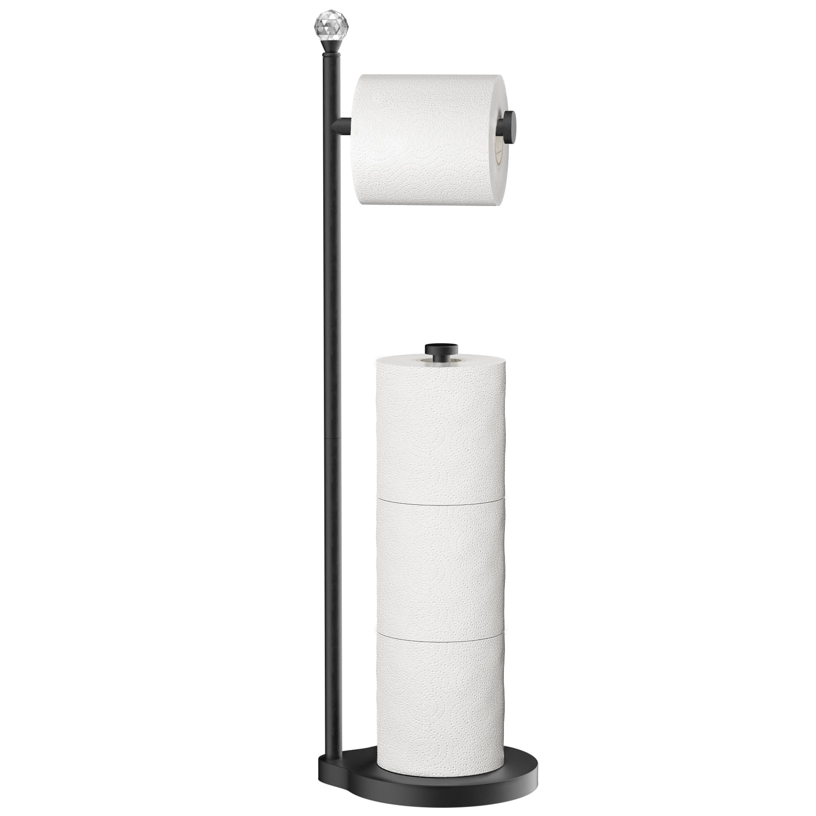 KASUNTO Toilet Paper Holder for Bathroom, Heavy Weighted Metal Free Standing Toilet Paper Storage with Crystal Ball, Toilet Paper Stand for Bathroom Accessories, Matte Black [Holds MEGA Rolls]