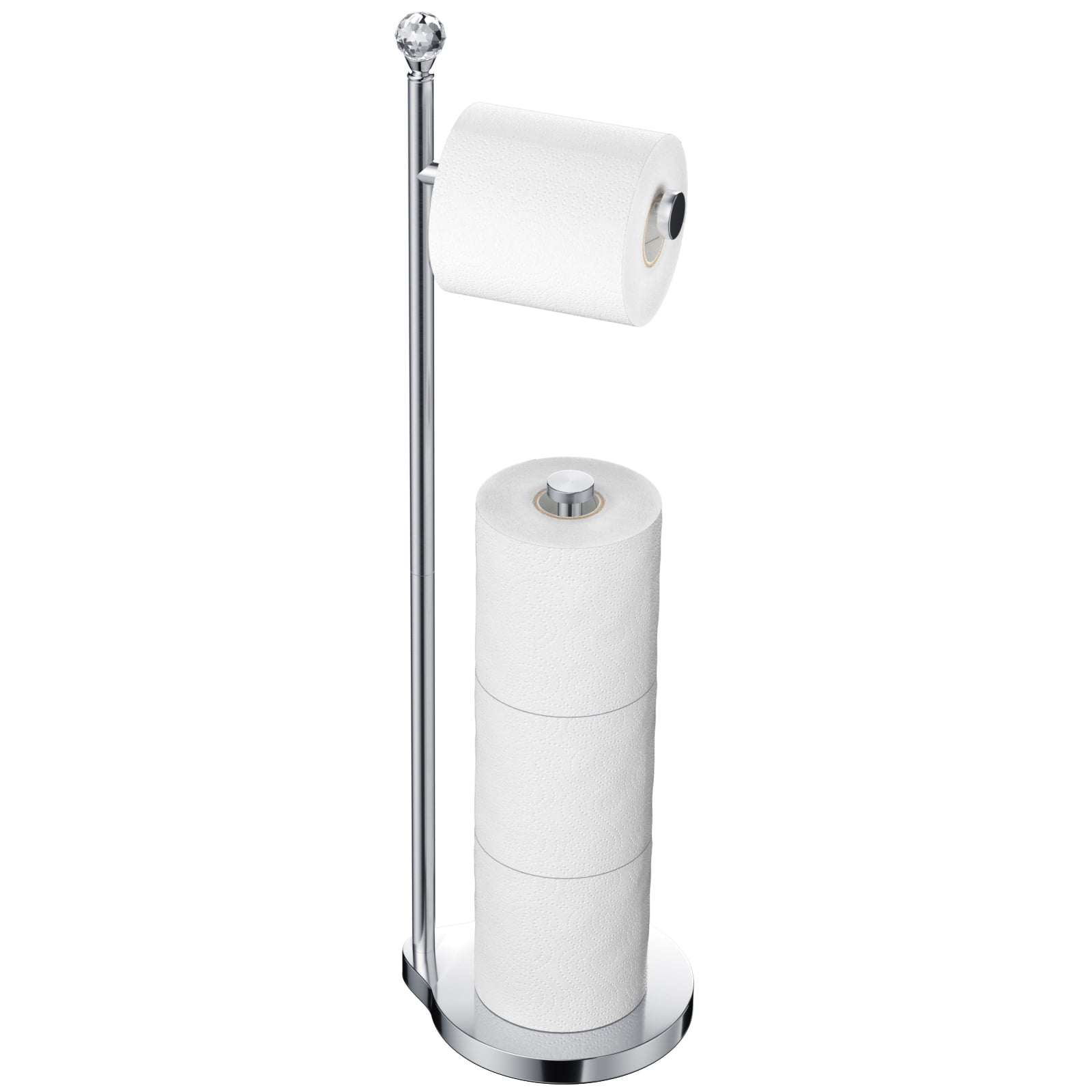 KASUNTO Toilet Paper Holder for Bathroom, Heavy Weighted Metal Free Standing Toilet Paper Storage with Crystal Ball, Toilet Paper Stand for Bathroom Accessories, Polished Chrome [Holds MEGA Rolls]